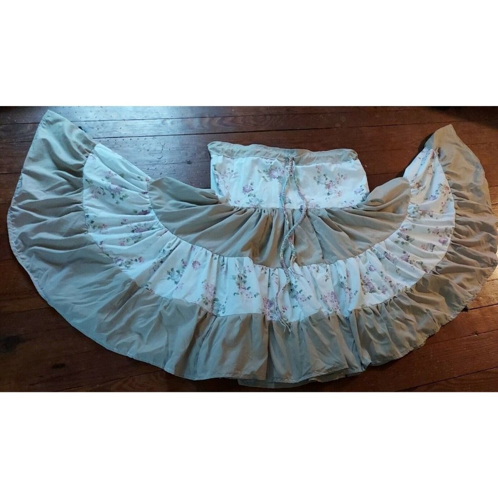Ruffle Prairie Boho Peasant Skirt Handmade Beige White Pink M Drawstring Waist